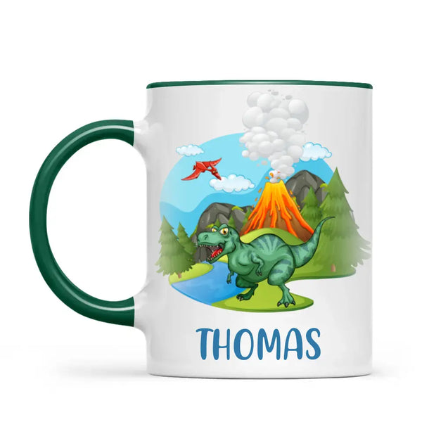 Personalised T-Rex Dinosaur Mug - Custom Name Kids Cup - Prehistoric Volcano Theme - Ceramic or Enamel - 11oz, 6oz, or Camping Mug - NZ Made