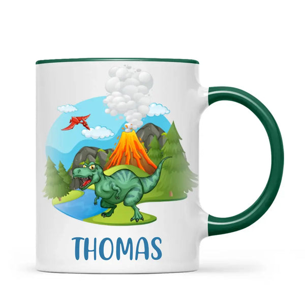 Personalised T-Rex Dinosaur Mug - Custom Name Kids Cup - Prehistoric Volcano Theme - Ceramic or Enamel - 11oz, 6oz, or Camping Mug - NZ Made