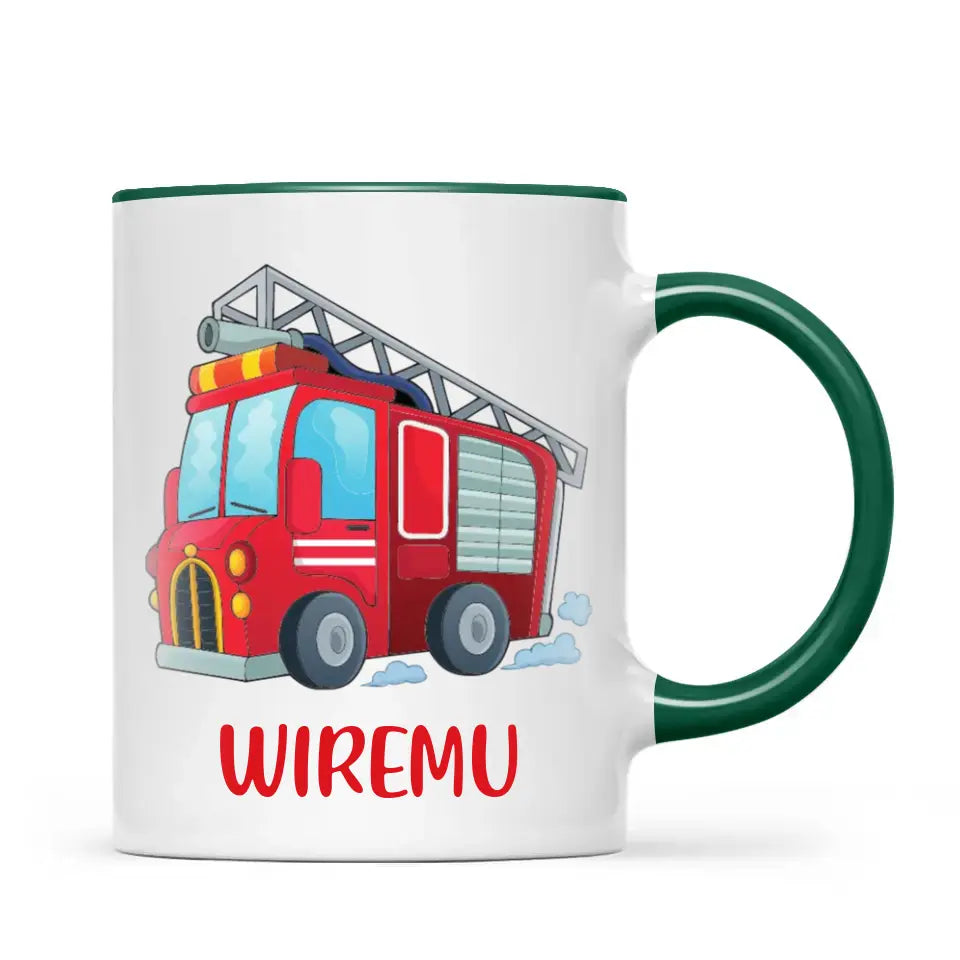 Personalised Fire Truck Mug - Custom Name Kids Cup - Fire Engine Theme - Ceramic or Enamel - 11oz, 6oz, or Camping Mug - NZ Made