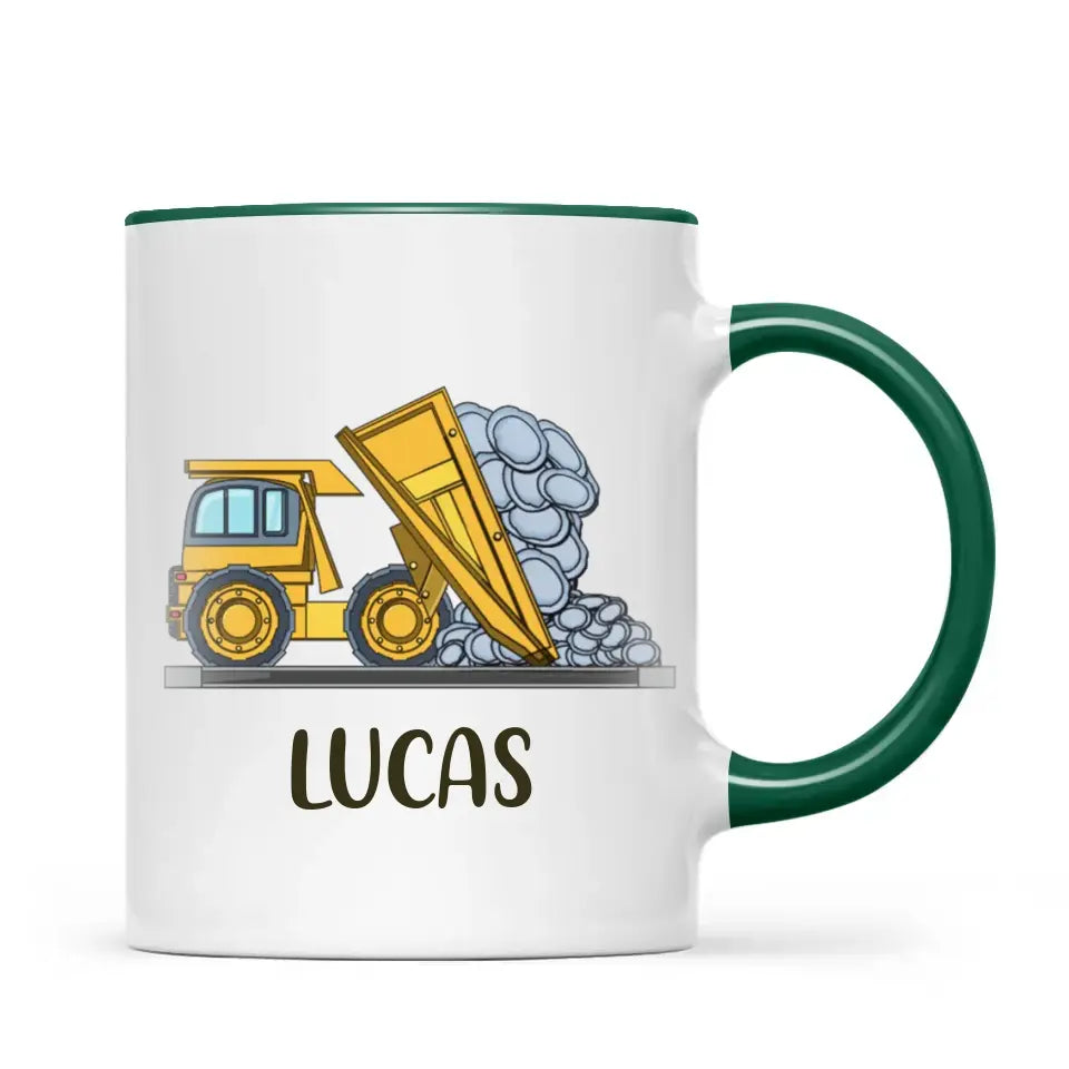 Personalised Dump Truck Mug - Custom Name Kids Cup - Construction Vehicle Theme - Ceramic or Enamel - 11oz, 6oz, or Camping Mug - NZ Made
