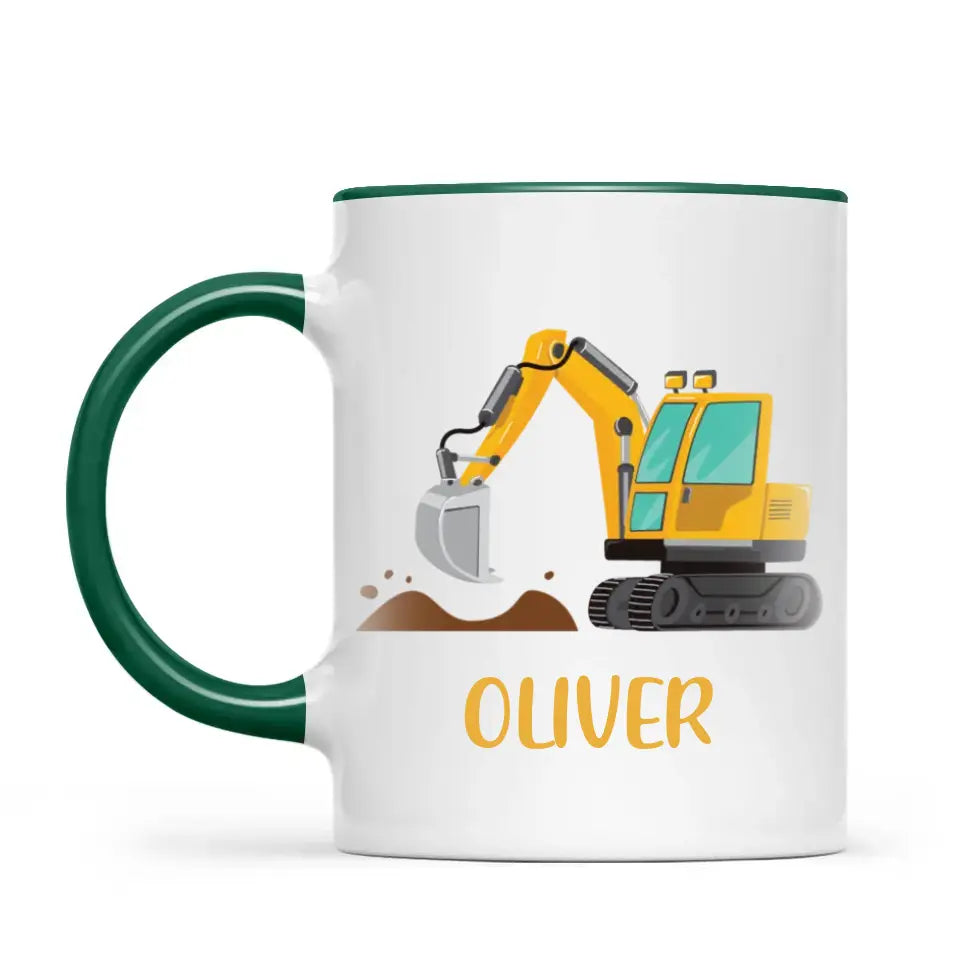 Personalised Digger Mug - Custom Name Kids Cup - Excavator Construction Theme - Ceramic or Enamel - 11oz, 6oz, or Camping Mug - NZ Made