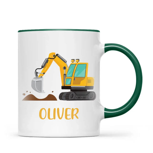 Personalised Digger Mug - Custom Name Kids Cup - Excavator Construction Theme - Ceramic or Enamel - 11oz, 6oz, or Camping Mug - NZ Made