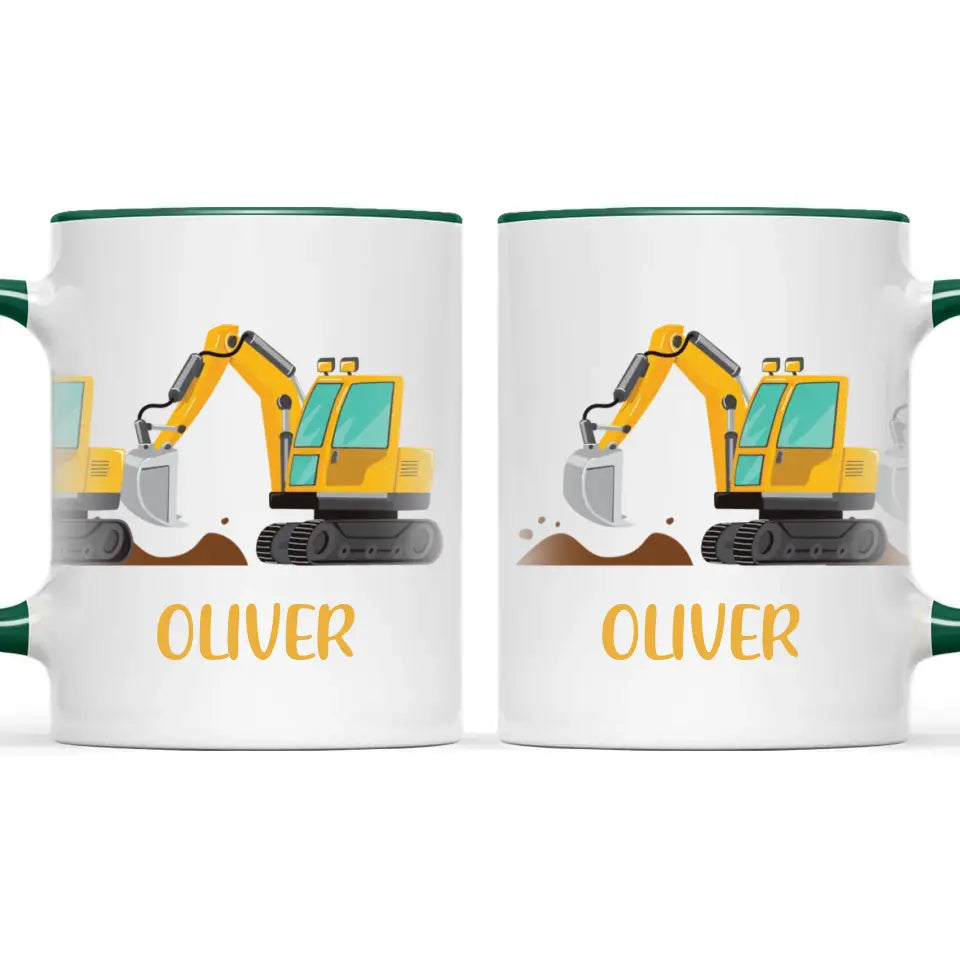 Personalised Digger Mug - Custom Name Kids Cup - Excavator Construction Theme - Ceramic or Enamel - 11oz, 6oz, or Camping Mug - NZ Made