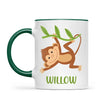Personalised Swinging Monkey Kids Mug, dark green handle and rim, front view