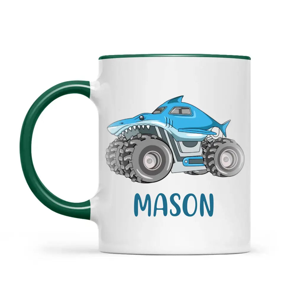 Personalised Shark Monster Truck Mug - Custom Name Kids Cup - 11oz or 6oz - Fun Blue Design - NZ Made