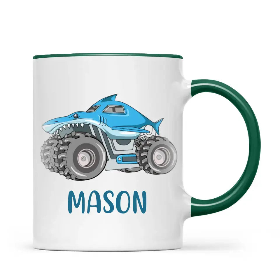 Personalised Shark Monster Truck Mug - Custom Name Kids Cup - 11oz or 6oz - Fun Blue Design - NZ Made