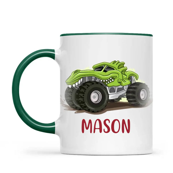 Personalised with Name, Green Dinosaur Monster Truck Kids Mug – Customised Dino-Themed Big Wheels Cup for Children – Available in 11oz, 6oz & Enamel Options
