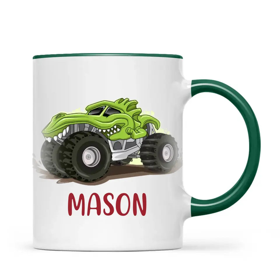 Personalised with Name, Green Dinosaur Monster Truck Kids Mug – Customised Dino-Themed Big Wheels Cup for Children – Available in 11oz, 6oz & Enamel Options
