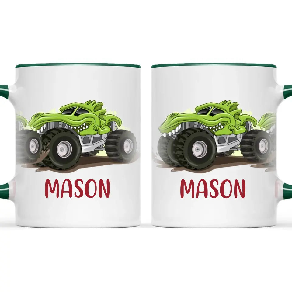 Personalised with Name, Green Dinosaur Monster Truck Kids Mug – Customised Dino-Themed Big Wheels Cup for Children – Available in 11oz, 6oz & Enamel Options