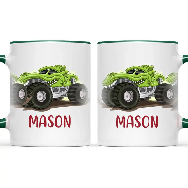 Personalised with Name, Green Dinosaur Monster Truck Kids Mug – Customised Dino-Themed Big Wheels Cup for Children – Available in 11oz, 6oz & Enamel Options