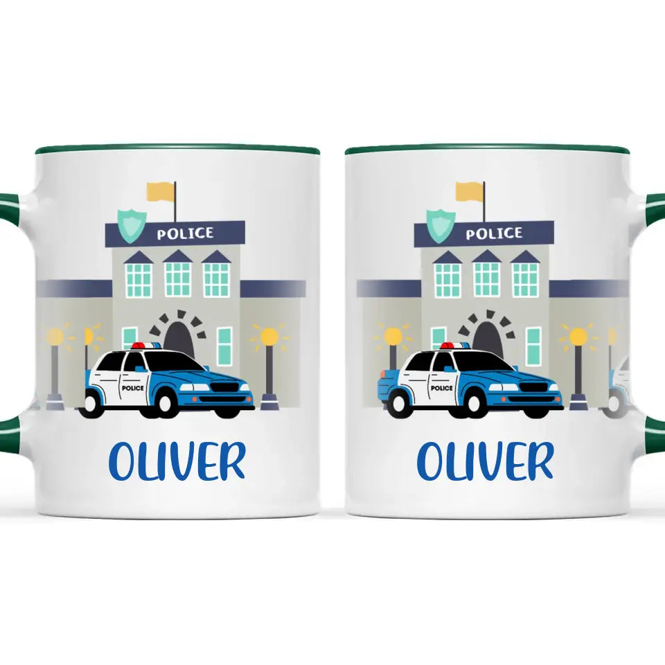 Personalised Police Car Mug - Custom Name Kids Cup - Law Enforcement Theme - Ceramic or Enamel - 11oz, 6oz, or Camping Mug - NZ Made
