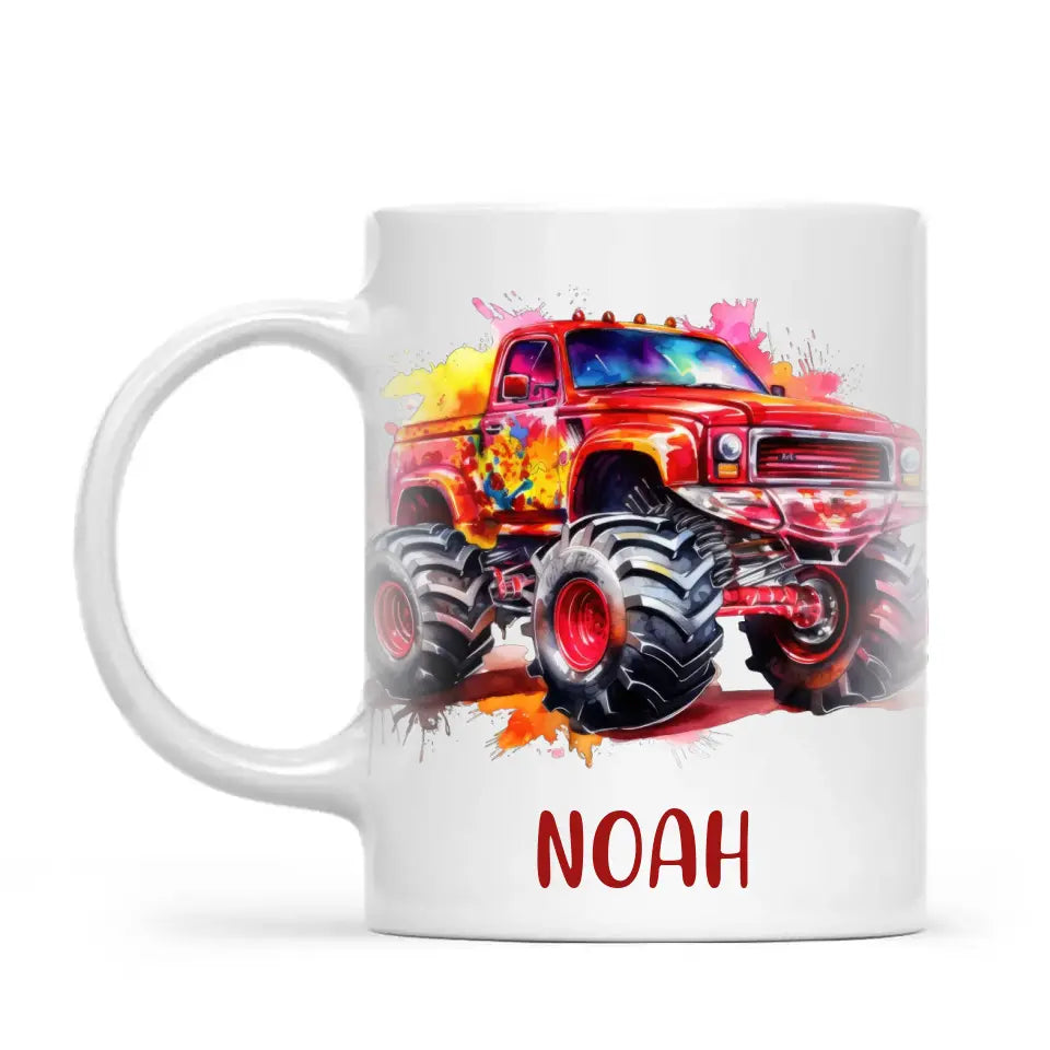 Personalised Red Monster Truck Cup - Custom Name Kids Mug - Off-Road Adventure - 11oz, 6oz or Enamel - NZ Made