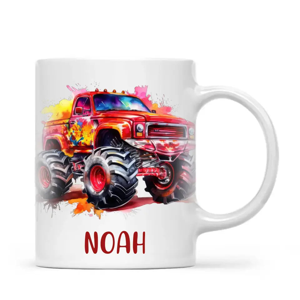 Personalised Red Monster Truck Cup - Custom Name Kids Mug - Off-Road Adventure - 11oz, 6oz or Enamel - NZ Made