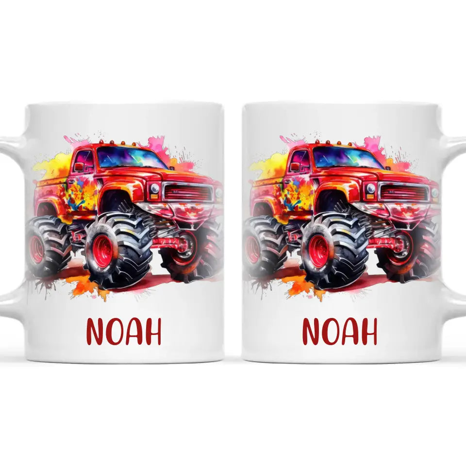 Personalised Red Monster Truck Cup - Custom Name Kids Mug - Off-Road Adventure - 11oz, 6oz or Enamel - NZ Made