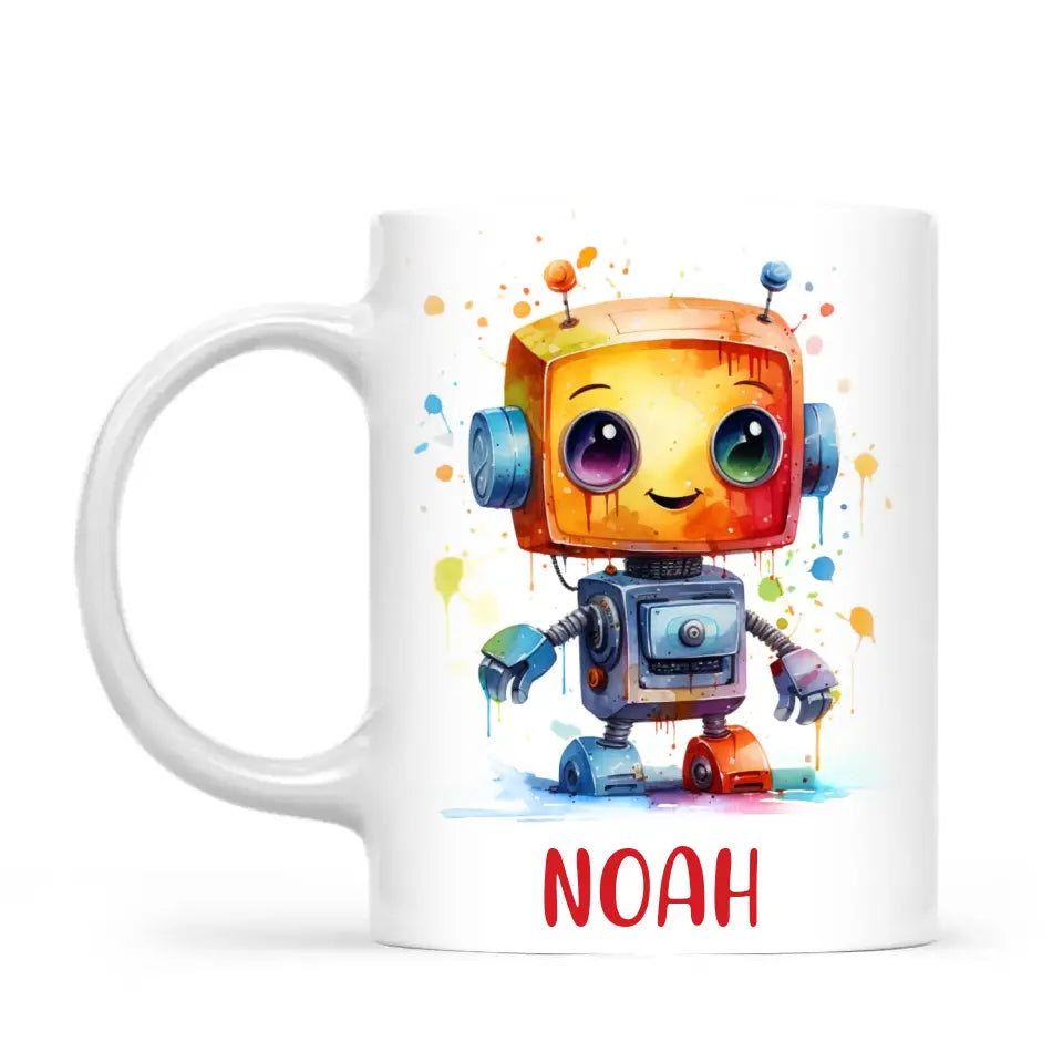 Personalised with Name, Colourful Robot Kids Mug – Customised Robot Character Cup for Children – Available in 11oz, 6oz & Enamel Options