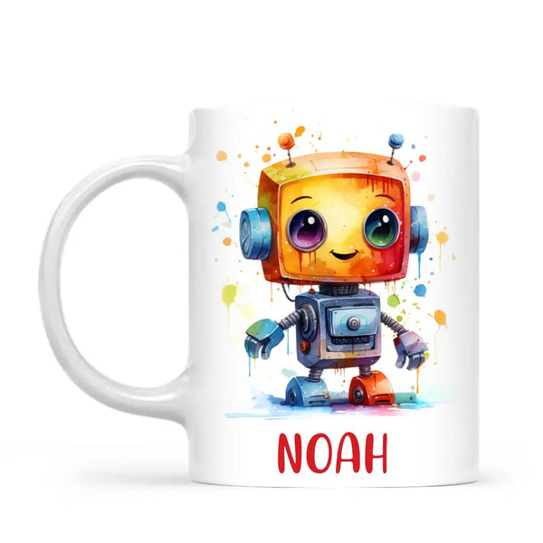Personalised with Name, Colourful Robot Kids Mug – Customised Robot Character Cup for Children – Available in 11oz, 6oz & Enamel Options