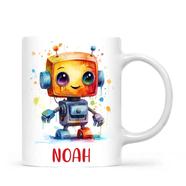 Personalised with Name, Colourful Robot Kids Mug – Customised Robot Character Cup for Children – Available in 11oz, 6oz & Enamel Options