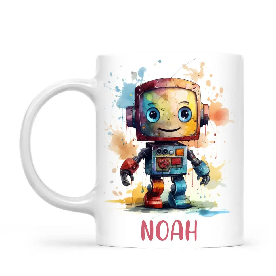 Personalised Robot Cup - Custom Name Kids Mug - Colourful Robot Design - 11oz, 6oz or Enamel - NZ Made