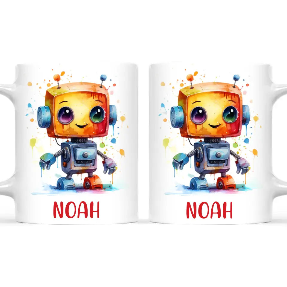 Personalised with Name, Colourful Robot Kids Mug – Customised Robot Character Cup for Children – Available in 11oz, 6oz & Enamel Options