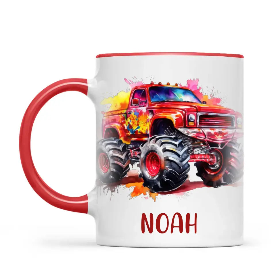 Personalised Red Monster Truck Cup - Custom Name Kids Mug - Off-Road Adventure - 11oz, 6oz or Enamel - NZ Made