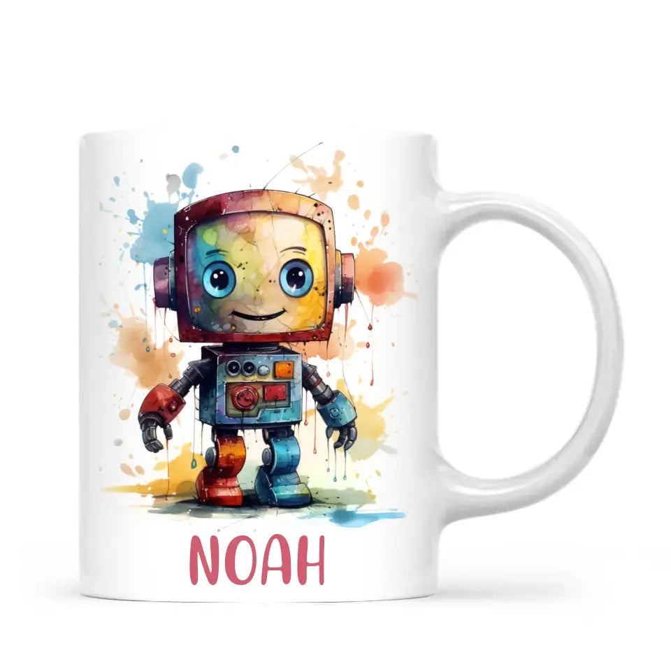 Personalised Robot Cup - Custom Name Kids Mug - Colourful Robot Design - 11oz, 6oz or Enamel - NZ Made