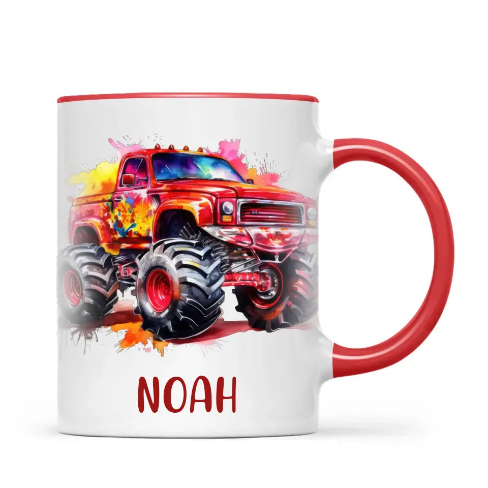 Personalised Red Monster Truck Cup - Custom Name Kids Mug - Off-Road Adventure - 11oz, 6oz or Enamel - NZ Made