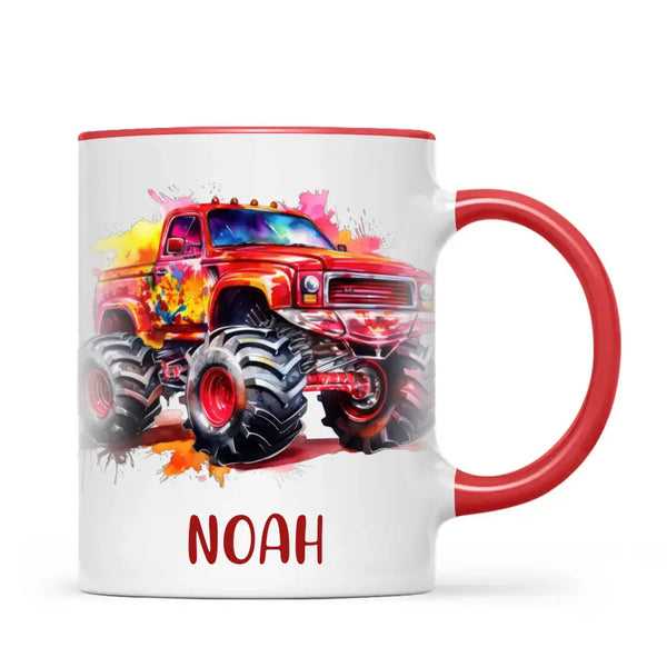 Personalised Red Monster Truck Cup - Custom Name Kids Mug - Off-Road Adventure - 11oz, 6oz or Enamel - NZ Made