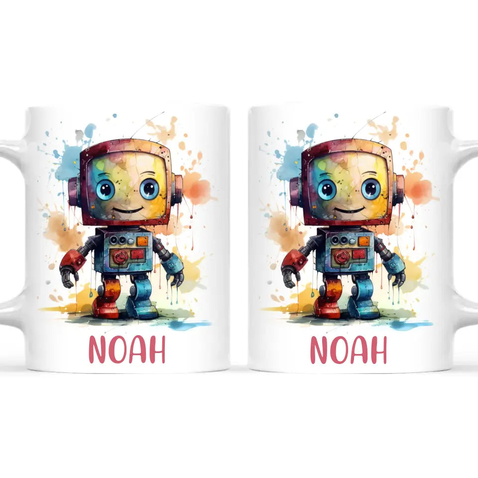 Personalised Robot Cup - Custom Name Kids Mug - Colourful Robot Design - 11oz, 6oz or Enamel - NZ Made