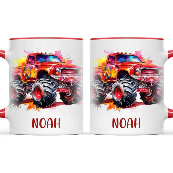 Personalised Red Monster Truck Cup - Custom Name Kids Mug - Off-Road Adventure - 11oz, 6oz or Enamel - NZ Made