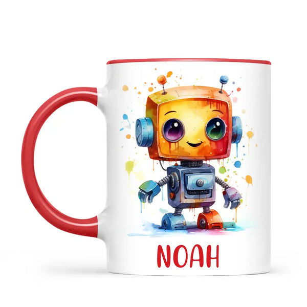 Personalised with Name, Colourful Robot Kids Mug – Customised Robot Character Cup for Children – Available in 11oz, 6oz & Enamel Options