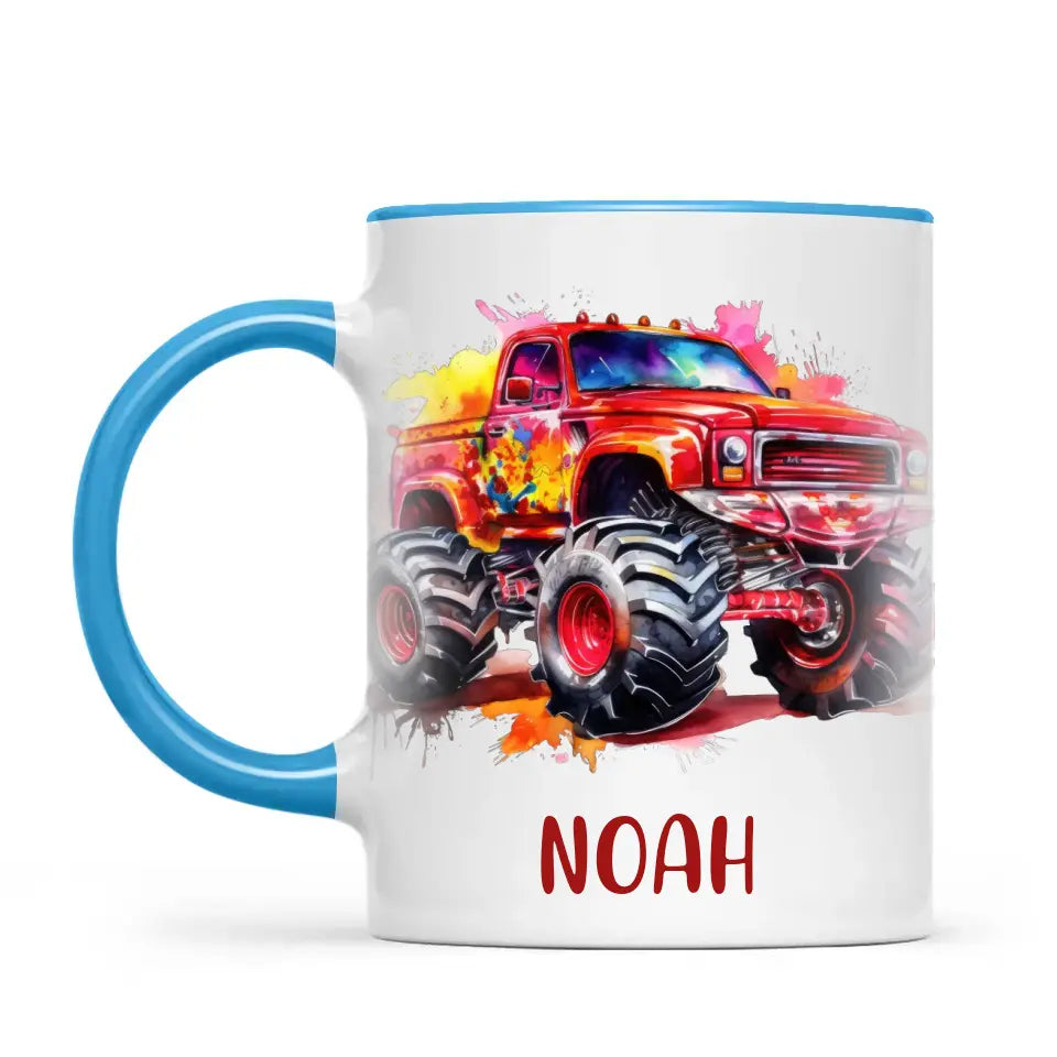 Personalised Red Monster Truck Cup - Custom Name Kids Mug - Off-Road Adventure - 11oz, 6oz or Enamel - NZ Made