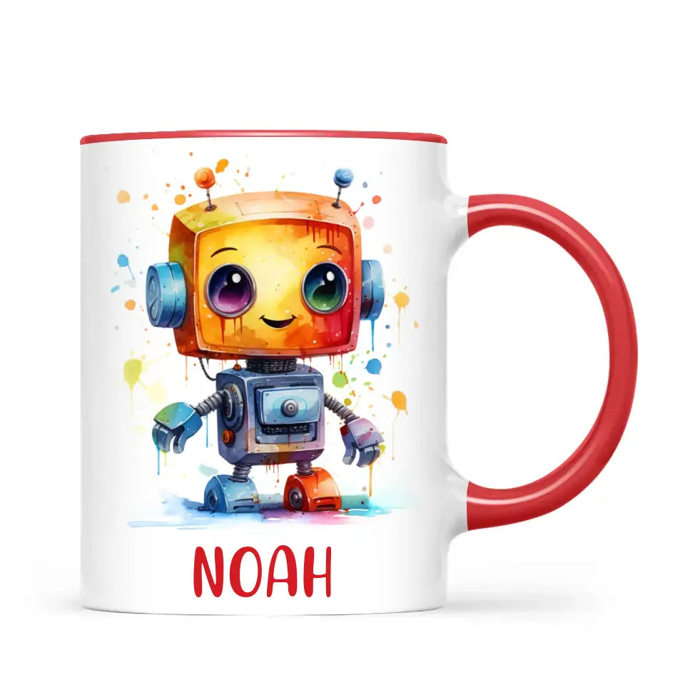Personalised with Name, Colourful Robot Kids Mug – Customised Robot Character Cup for Children – Available in 11oz, 6oz & Enamel Options