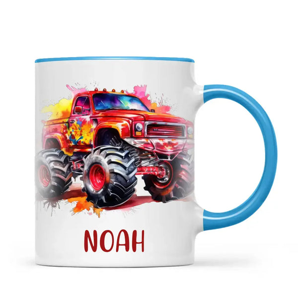 Personalised Red Monster Truck Cup - Custom Name Kids Mug - Off-Road Adventure - 11oz, 6oz or Enamel - NZ Made