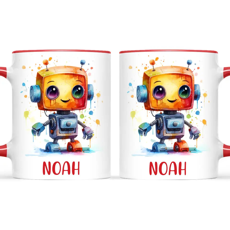 Personalised with Name, Colourful Robot Kids Mug – Customised Robot Character Cup for Children – Available in 11oz, 6oz & Enamel Options
