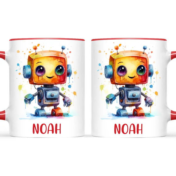 Personalised with Name, Colourful Robot Kids Mug – Customised Robot Character Cup for Children – Available in 11oz, 6oz & Enamel Options