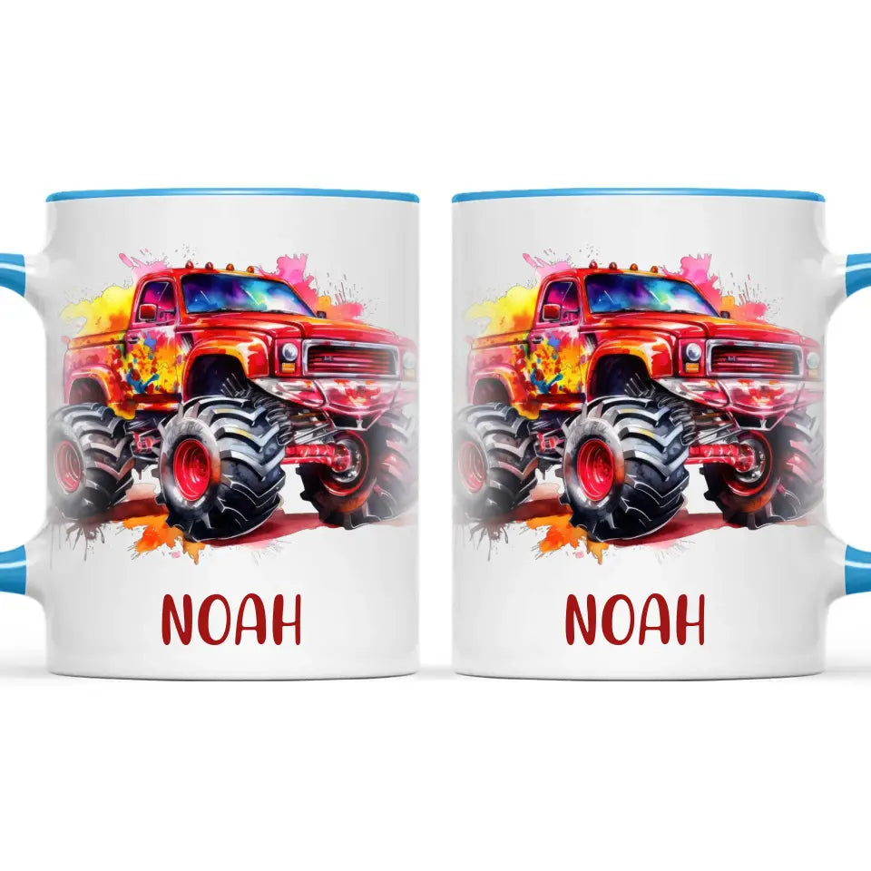 Personalised Red Monster Truck Cup - Custom Name Kids Mug - Off-Road Adventure - 11oz, 6oz or Enamel - NZ Made