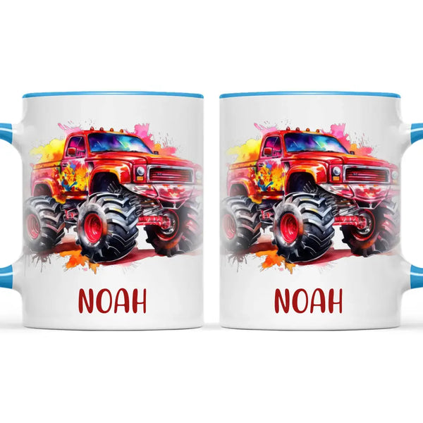 Personalised Red Monster Truck Cup - Custom Name Kids Mug - Off-Road Adventure - 11oz, 6oz or Enamel - NZ Made