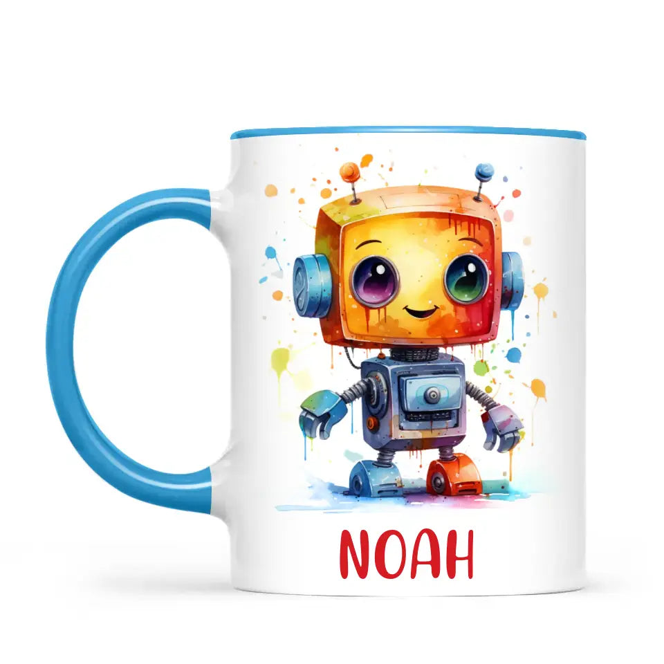 Personalised with Name, Colourful Robot Kids Mug – Customised Robot Character Cup for Children – Available in 11oz, 6oz & Enamel Options