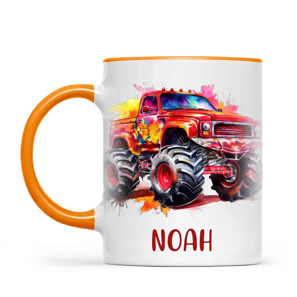 Personalised Red Monster Truck Cup - Custom Name Kids Mug - Off-Road Adventure - 11oz, 6oz or Enamel - NZ Made
