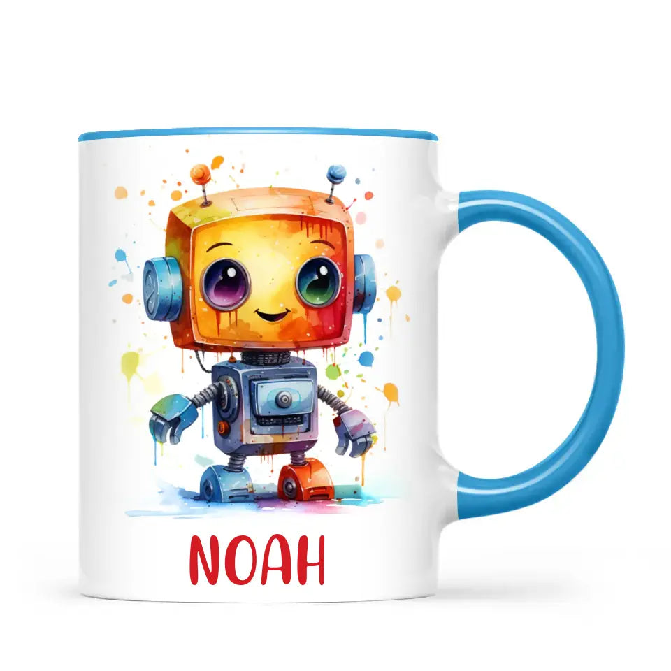 Personalised with Name, Colourful Robot Kids Mug – Customised Robot Character Cup for Children – Available in 11oz, 6oz & Enamel Options