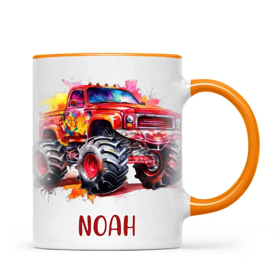 Personalised Red Monster Truck Cup - Custom Name Kids Mug - Off-Road Adventure - 11oz, 6oz or Enamel - NZ Made