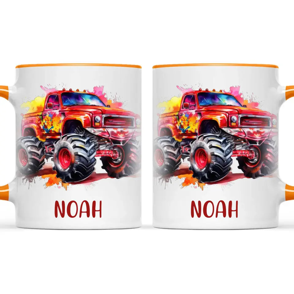 Personalised Red Monster Truck Cup - Custom Name Kids Mug - Off-Road Adventure - 11oz, 6oz or Enamel - NZ Made
