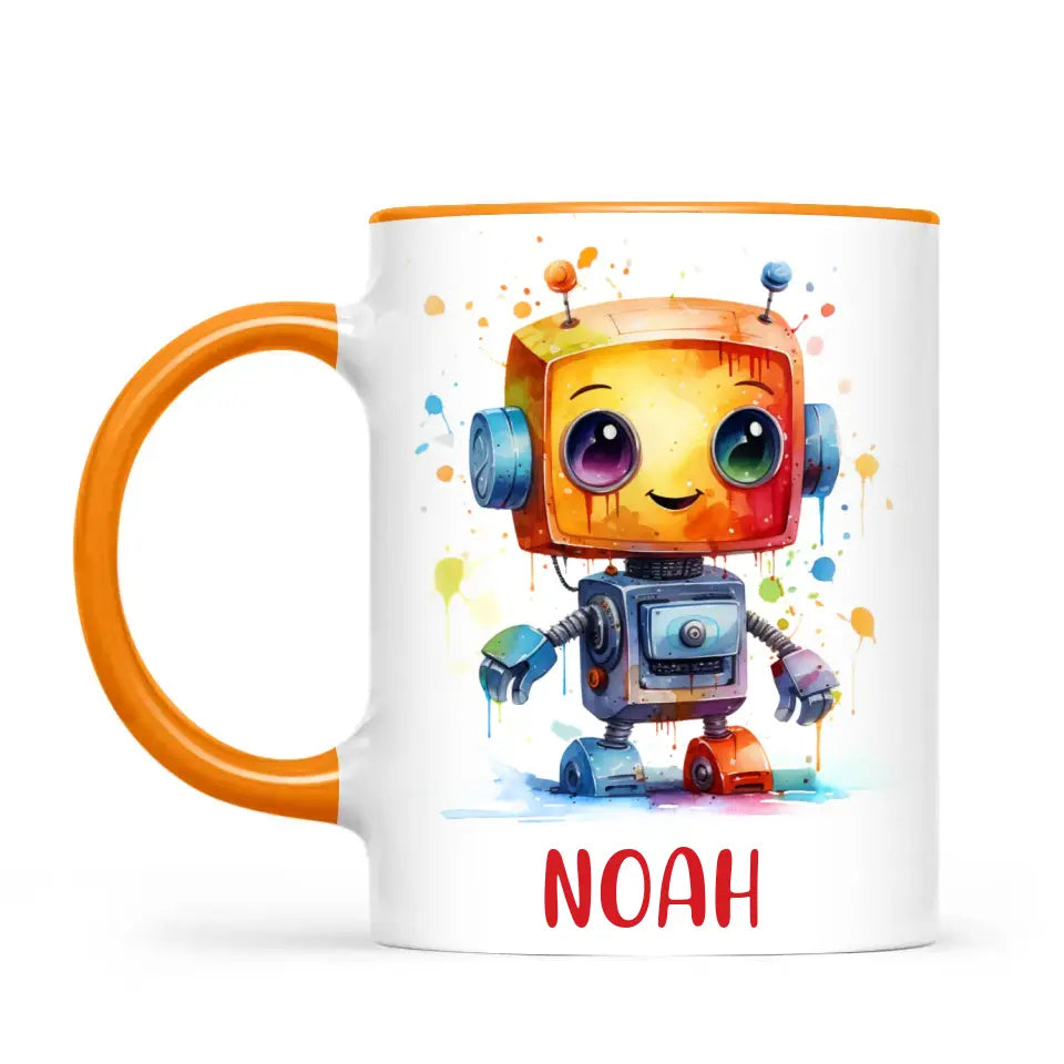 Personalised with Name, Colourful Robot Kids Mug – Customised Robot Character Cup for Children – Available in 11oz, 6oz & Enamel Options