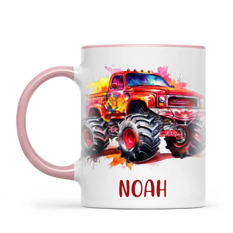 Personalised Red Monster Truck Cup - Custom Name Kids Mug - Off-Road Adventure - 11oz, 6oz or Enamel - NZ Made