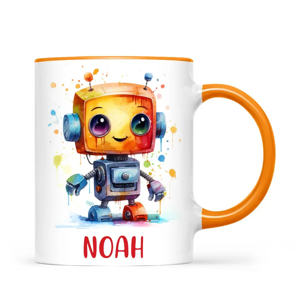 Personalised with Name, Colourful Robot Kids Mug – Customised Robot Character Cup for Children – Available in 11oz, 6oz & Enamel Options