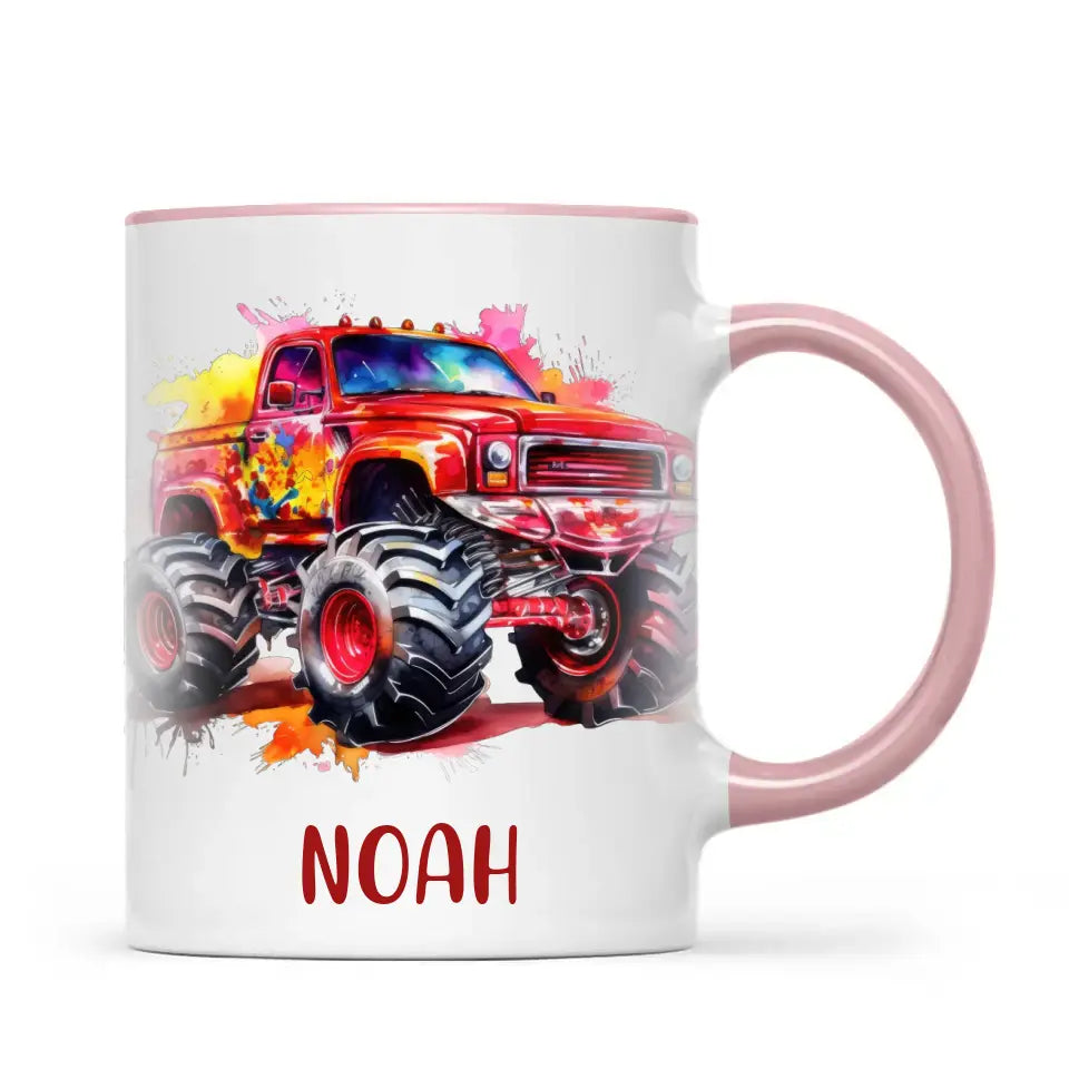 Personalised Red Monster Truck Cup - Custom Name Kids Mug - Off-Road Adventure - 11oz, 6oz or Enamel - NZ Made