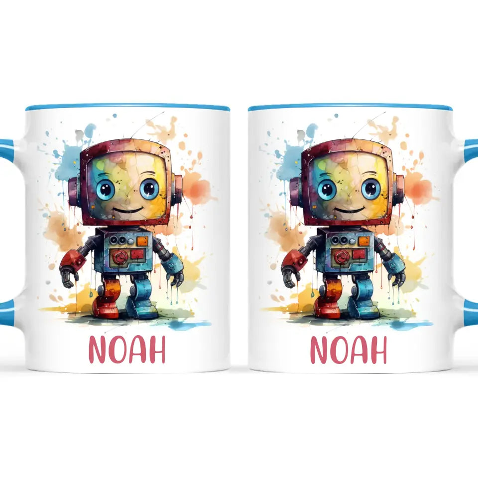 Personalised Robot Cup - Custom Name Kids Mug - Colourful Robot Design - 11oz, 6oz or Enamel - NZ Made