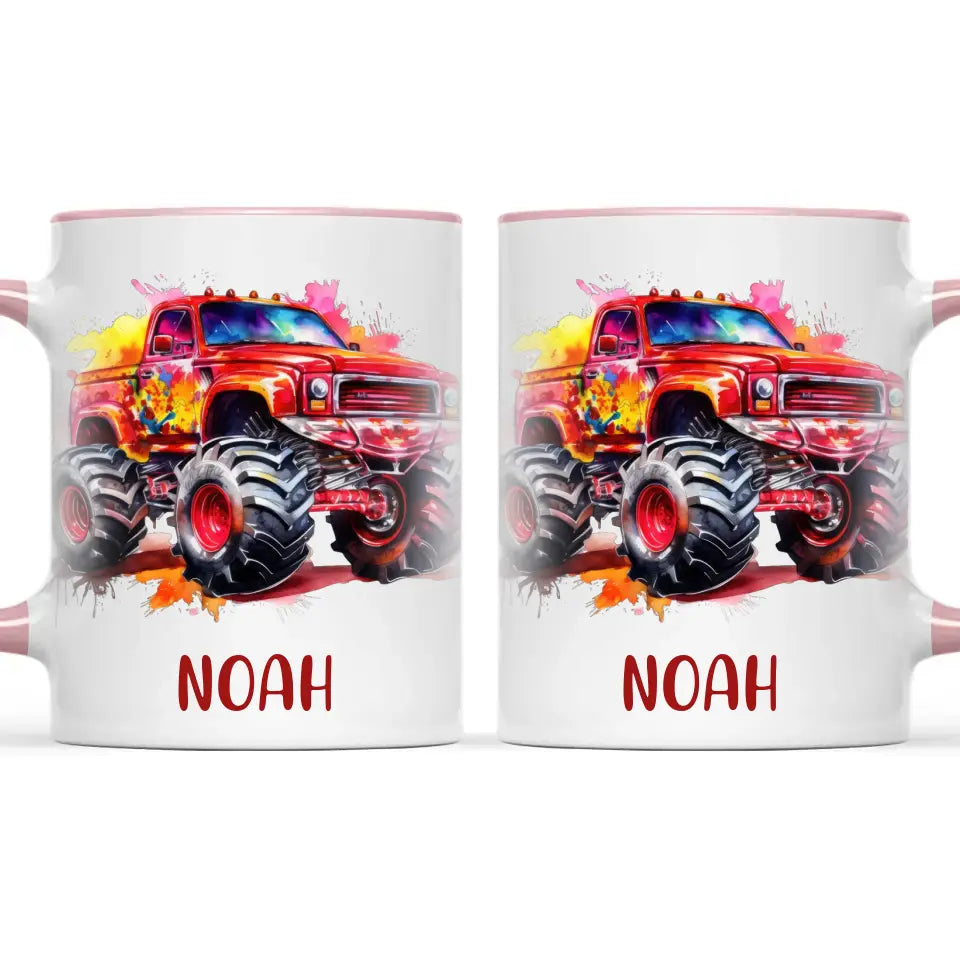Personalised Red Monster Truck Cup - Custom Name Kids Mug - Off-Road Adventure - 11oz, 6oz or Enamel - NZ Made