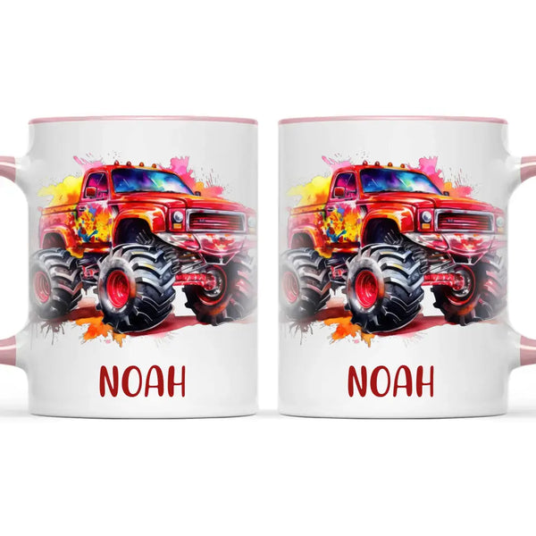 Personalised Red Monster Truck Cup - Custom Name Kids Mug - Off-Road Adventure - 11oz, 6oz or Enamel - NZ Made