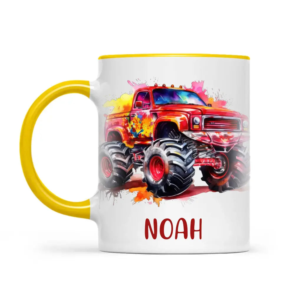 Personalised Red Monster Truck Cup - Custom Name Kids Mug - Off-Road Adventure - 11oz, 6oz or Enamel - NZ Made
